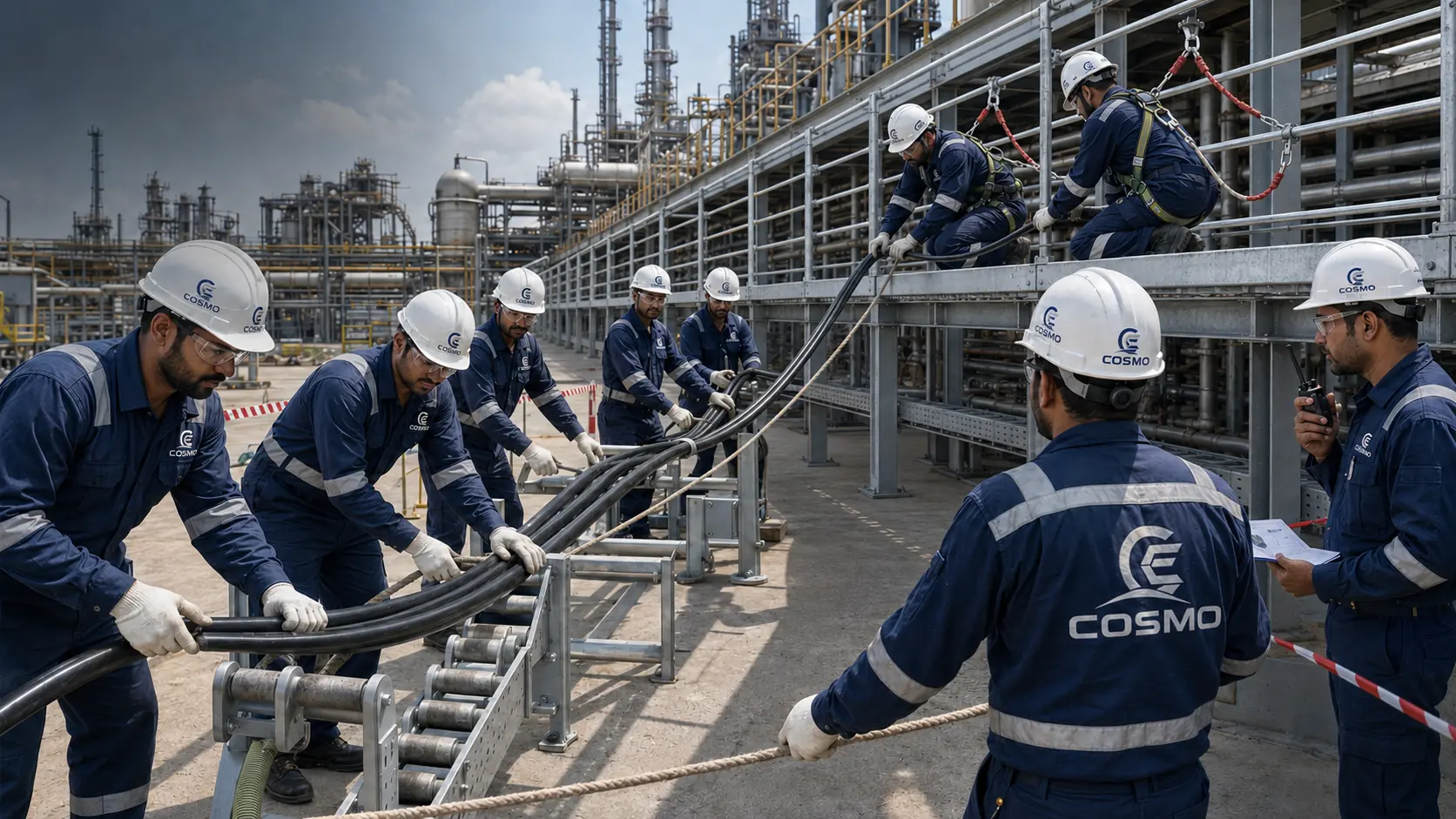 Cosmo Engineering team safely pulling cables and installing cable trays inside a refinery