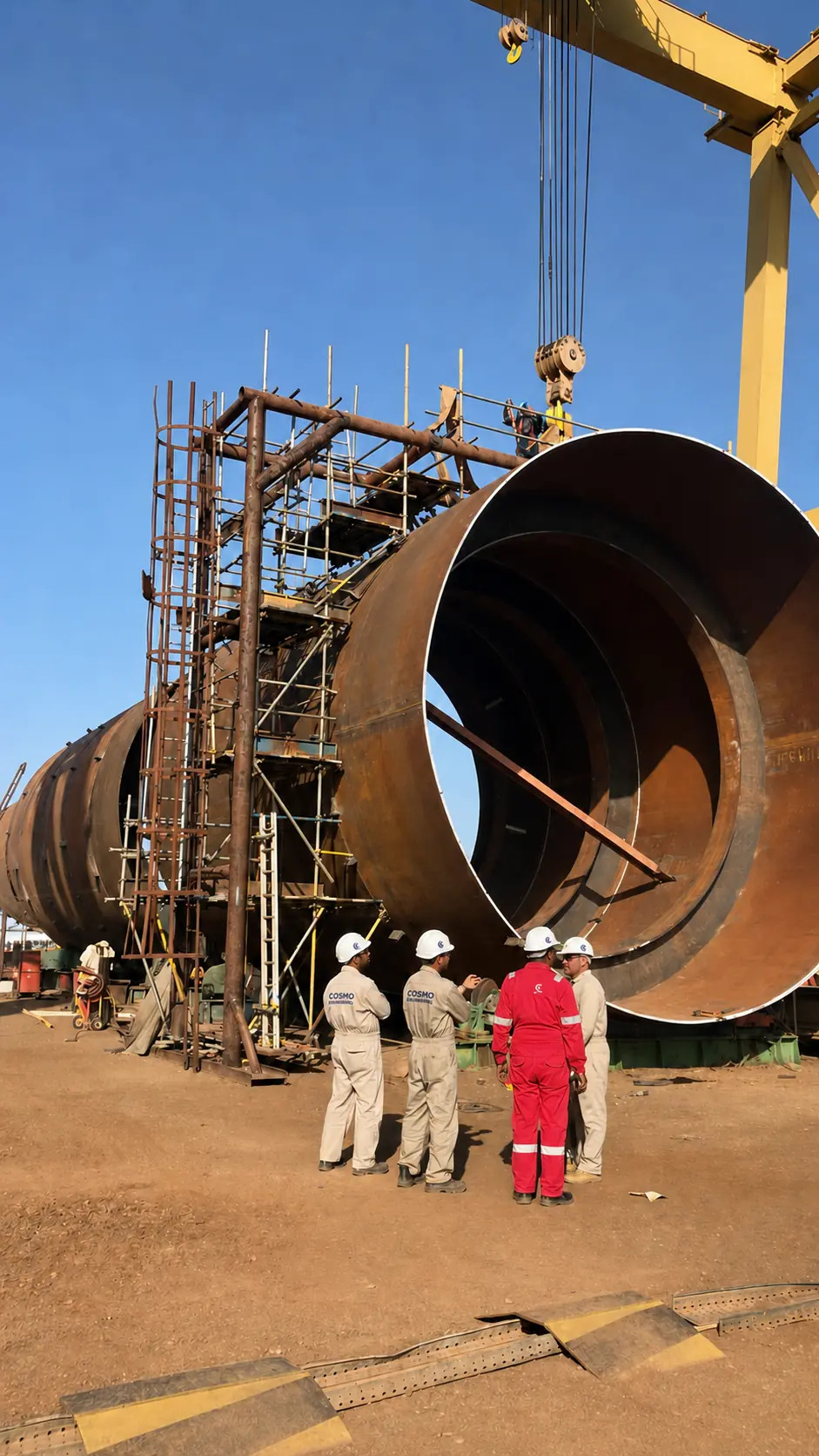 Cosmo Engineering team at the open shell end of an LPG storage bullet in Oman